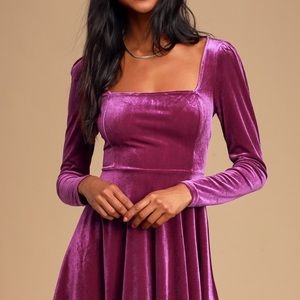 Lulus Magenta Velvet Long Sleeve Dress